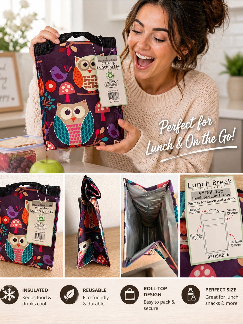 Insulated Owl Print Roll-Top Lunch Bag - Purple